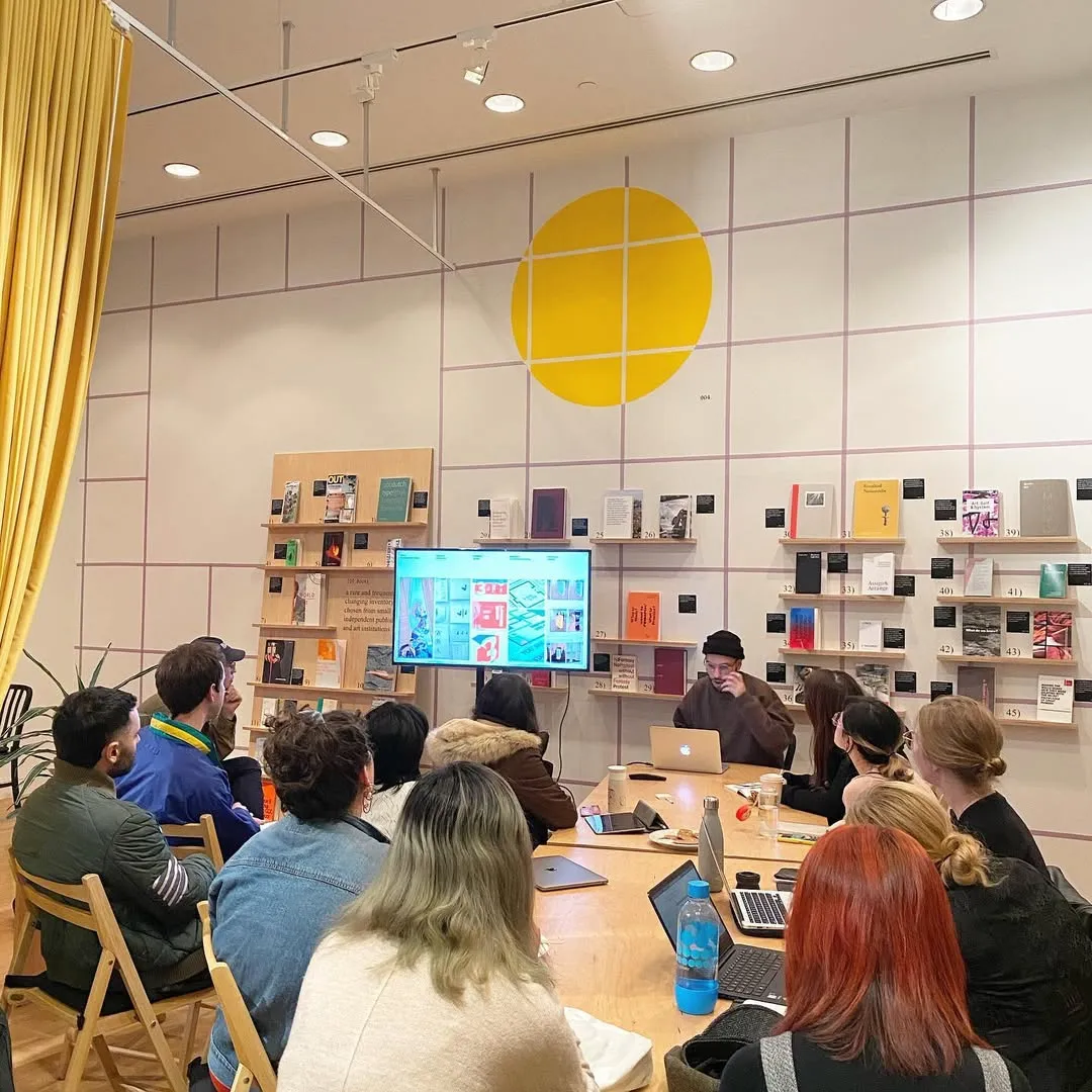 Image of Omar Mohammad giving a talk at the Curatorial Research Bureau